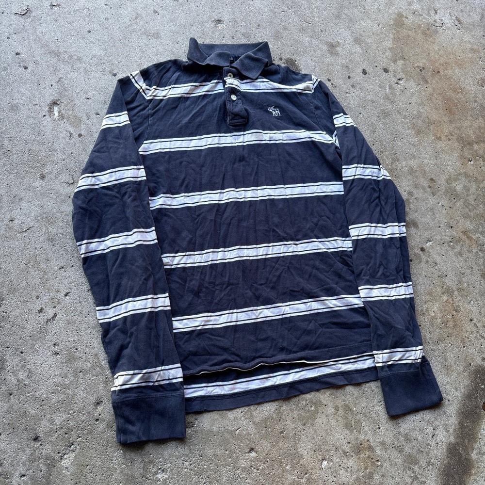 Abercrombie & Fitch Mens Medium Muscle Long Sleeve Striped Polo Shirt Navy Blue